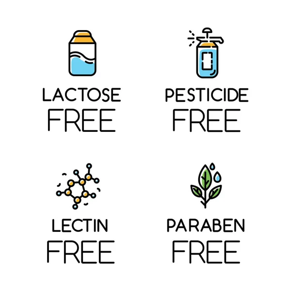 Conjunto Iconos Color Ingredientes Libres Productos Sin Lactosa Pesticida Lectina — Vector de stock