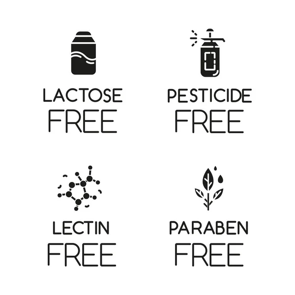 Conjunto Iconos Glifo Ingrediente Libre Producto Sin Lactosa Pesticida Lectina — Vector de stock