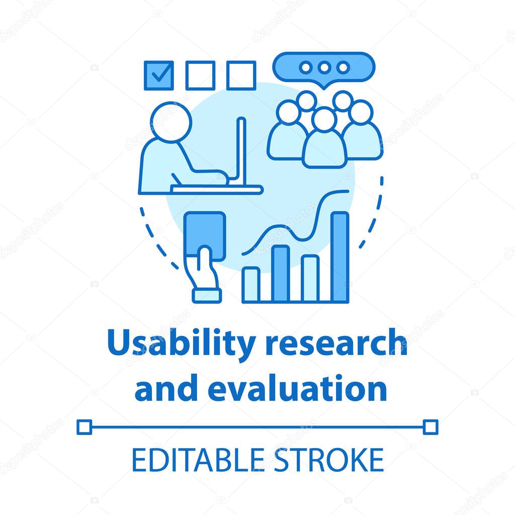 Usability research and evaluation concept icon. Software development idea thin line illustration. Mobile device programming. Application management. Vector isolated outline drawing. Editable stroke