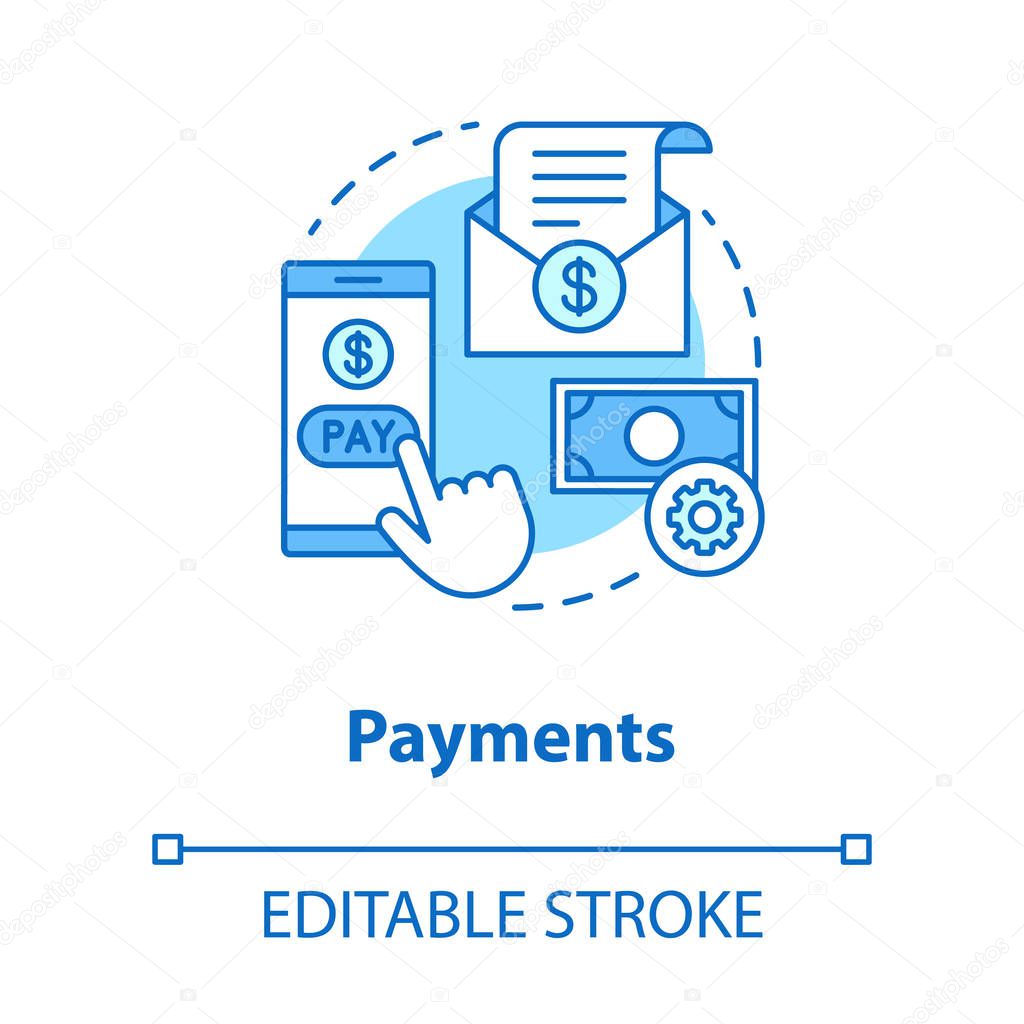Payments concept icon. Pay online idea thin line illustration. E billing. Financial management app. Expenses tracker. Internet banking transaction. Vector isolated outline drawing. Editable stroke