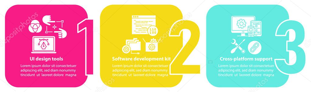 Application development vector infographic template. Business presentation design elements. Data visualization with four steps and options. Process timeline chart. Workflow layout with linear icons