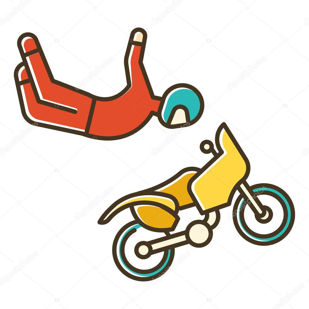 Freestyle motocross color icon. Motorcycle stunt riding. Person performing motorcycling air stunt. Extreme sport. Isolated vector illustration
