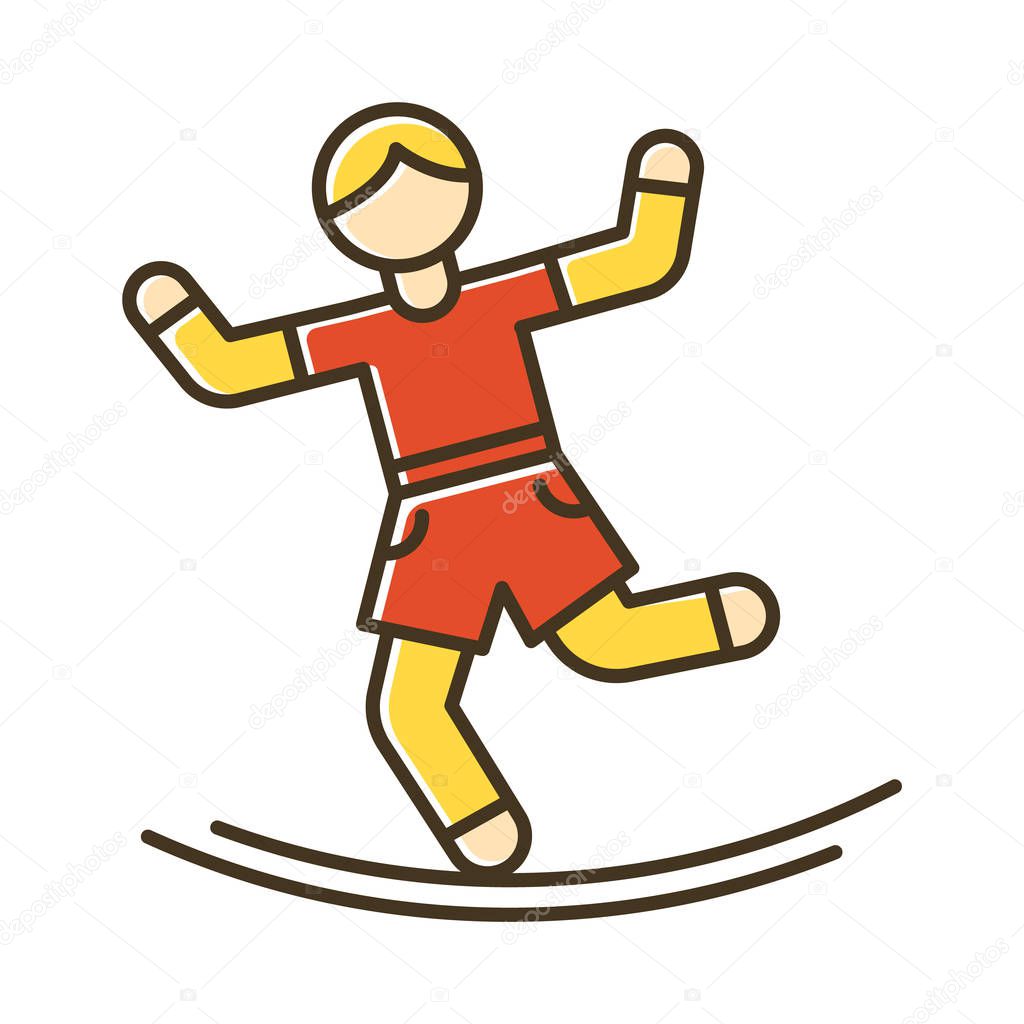 Slacklining color icon. Balance training. Slack rope walking. Tightrope walker. Person balancing on suspended webbing. Extreme sport. Isolated vector illustration