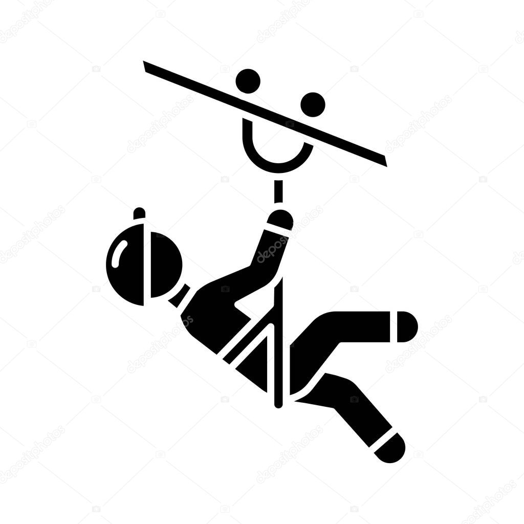 Zip line glyph icon. Canopy tour. Person with pulley on cable. Wire descend. Man sliding down rope. Extreme sport. Silhouette symbol. Negative space. Vector isolated illustration