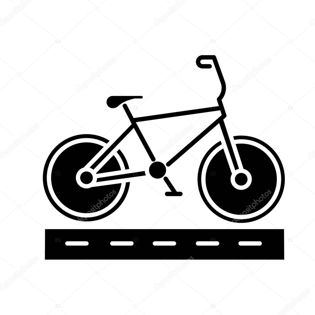 Track cycling glyph icon. Bicycle on cycle lane, bike path. Time trialling. Roadway for cyclists. Bicycle racing. City cruiser. Silhouette symbol. Negative space. Vector isolated illustration