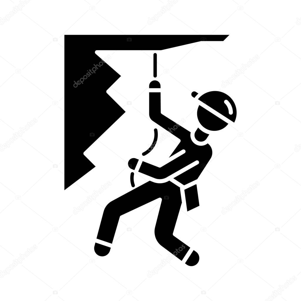 Mountain climbing glyph icon. Alpinism, mountaineering. Abseiling, rappelling descend. Spelunking. Mountaineer sliding down rope. Silhouette symbol. Negative space. Vector isolated illustration