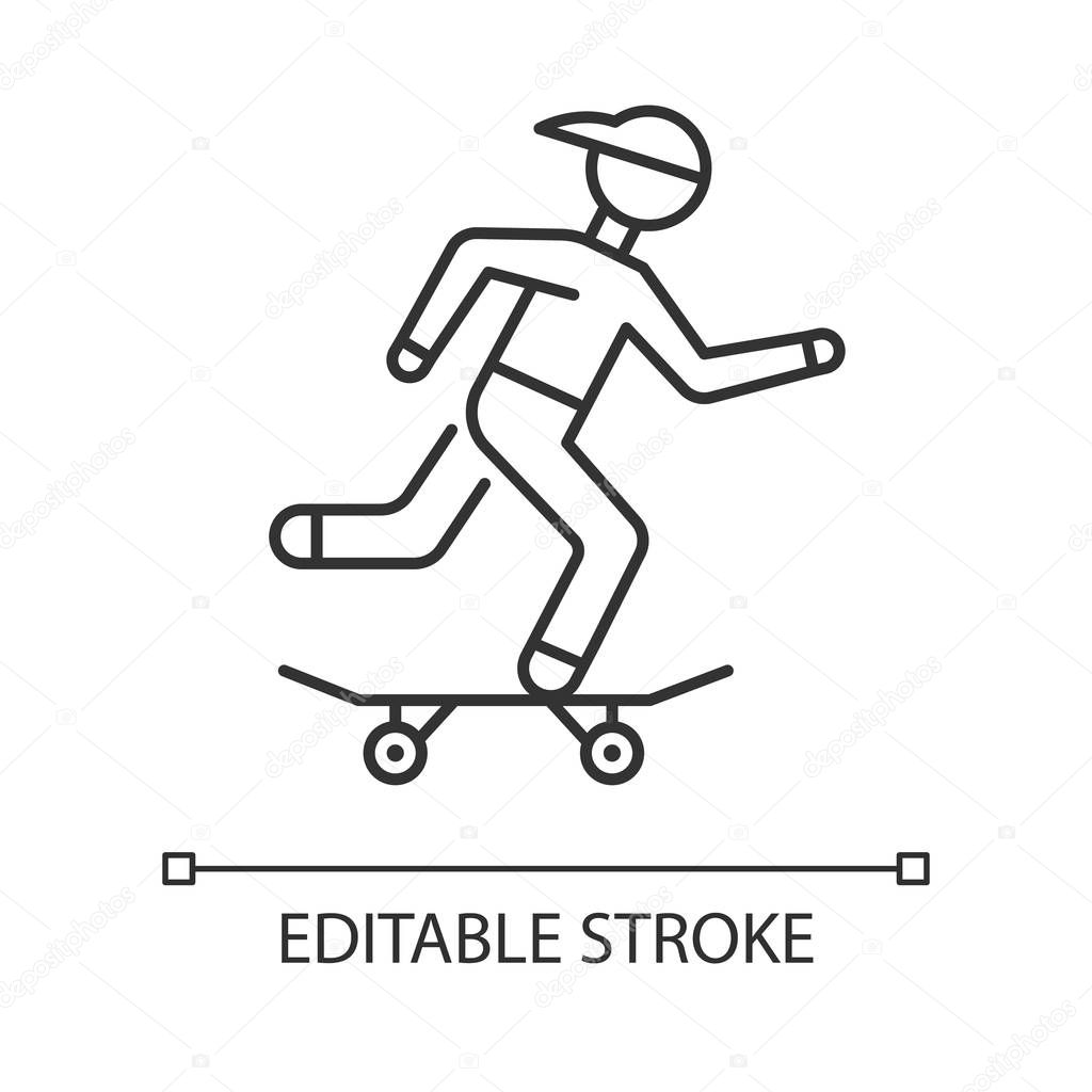 Skateboarding linear icon. Street culture. Skater riding board. Skating guy. Person performing stunts. Thin line illustration. Contour symbol. Vector isolated outline drawing. Editable stroke