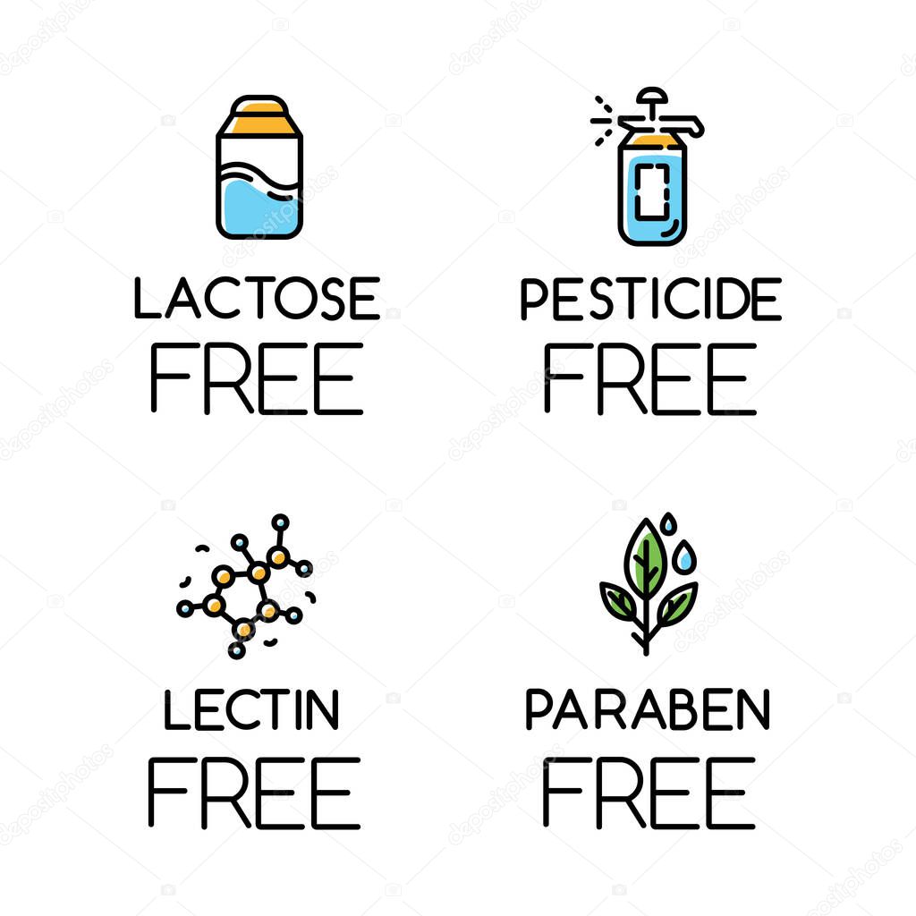 Product free ingredient color icons set. No lactose, pesticide, lectin, paraben. Organic food. Non-chemical pharmaceuticals. Dietary without allergens and sweeteners. Isolated vector illustrations
