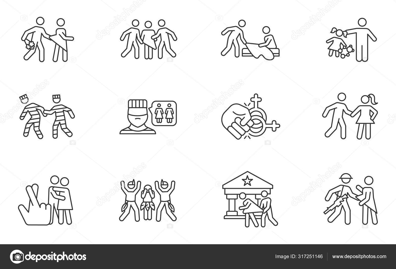 異なるレイプタイプの線形アイコンを設定します 配偶者のレイプ 刑務所での虐待 セクシャルハラスメント細い線の輪郭記号 絶縁ベクトルアウトラインイラスト  編集可能なストローク ストックベクター ©bsd_studio 317251146, image size:1600x1086