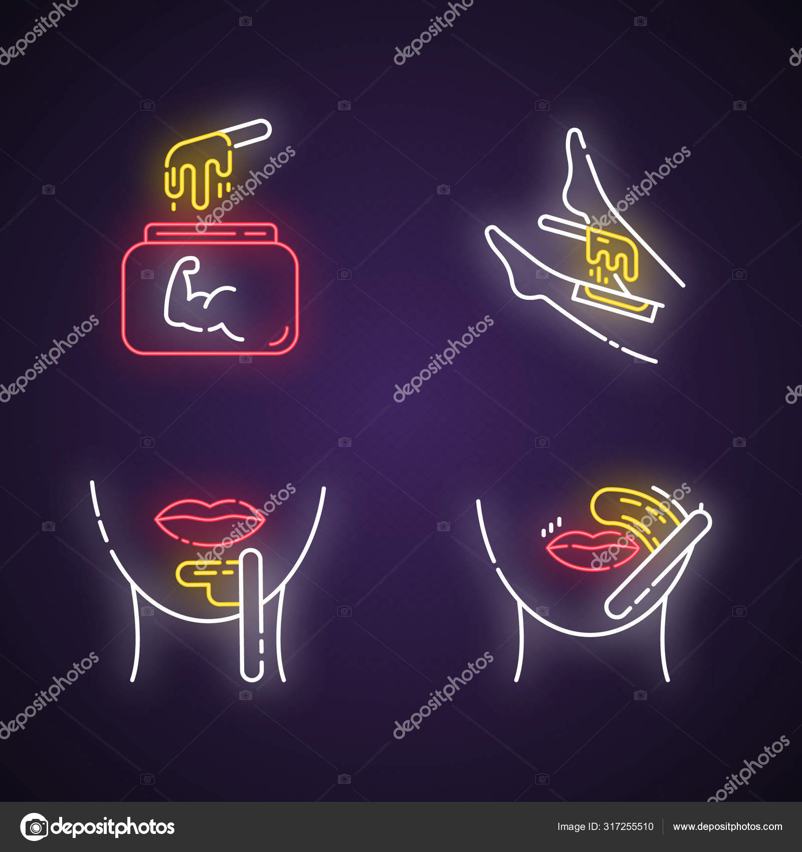 Hard Waxing Neon Light Icons Set Shin Chin Upper Lip Stock