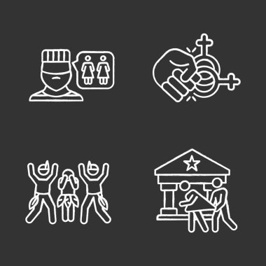 Tecavüz ikonları ayarlandı. Lgbtq kadınlarına şiddet ve cinsel saldırı. Lezbiyenlere homofobik tecavüz. Kadınlara cinsel taciz. İzole edilmiş vektör karatahta çizimleri