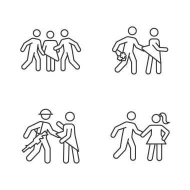 Farklı tecavüz tipleri doğrusal simgeler belirlendi. Kadınlara cinsel taciz. Tarih, reşit olmama, savaş ve toplu tecavüz. İnce çizgi çizgili semboller. İzole vektör çizimi çizimleri. Düzenlenebilir vuruş