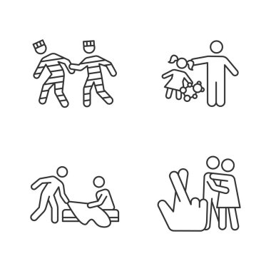 Farklı tecavüz tipleri doğrusal simgeler belirlendi. Hapis, reşit olmayanlar, çocuklar, eş tecavüzü. Cinsel taciz mi? Cinsel saldırı. İnce çizgi çizgili semboller. İzole vektör çizimi çizimleri. Düzenlenebilir vuruş