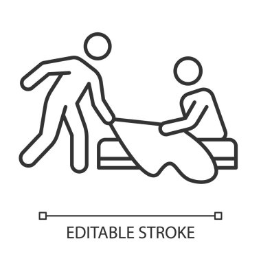 Eş tecavüzü lineer ikonu. Kocası tarafından istismar edilen kadın. Kadınlara cinsel taciz. Rızası olmadan seks. İnce çizgili çizim. Contour sembolü. Vektör izole çizim. Düzenlenebilir vuruş