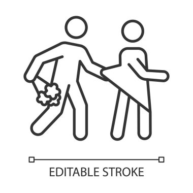 Tecavüz lineer simgesi. Kadın istismarı, şiddet içeren davranış. Kadınlara ve kızlara cinsel taciz. Saldırı mağduru. İnce çizgili çizim. Contour sembolü. Vektör izole çizim. Düzenlenebilir vuruş