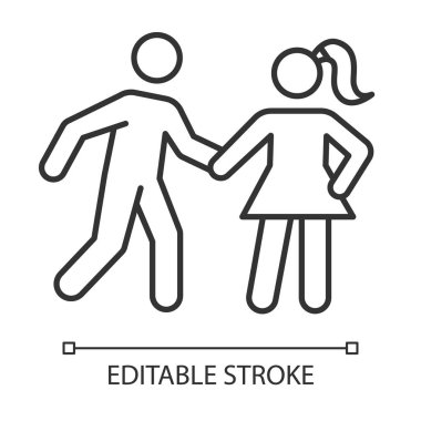Tecavüz lineer simgesi. Kadın istismarı, şiddet içeren davranış. Kadınlara cinsel taciz. Saldırı mağduru. İnce çizgili çizim. Contour sembolü. Vektör izole çizim. Düzenlenebilir vuruş