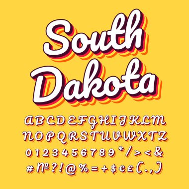 Güney Dakota vintage 3d vektör harfleri. Retro kalın yazı tipi, yazı tipi. Pop sanatının stilize metni. Eski usul harf numaraları, semboller. 90 'lar, 80' ler poster tasarımı. Sarı renk arkaplanı