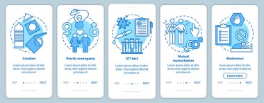 Doğrusal kavramlı mobil uygulama sayfası ekranında güvenli seks. Pratik tek eşlilik. Beş aşamalı grafik talimatlar. Prezervatif ve cinsel perhiz. Ux, Ui, resimli Gui vektör şablonu