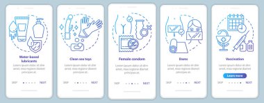 Mobil uygulama sayfası vektör şablonunda güvenli seks. Kadın prezervatifi, baraj ve aşı. Doğrusal çizimler içeren web sitesi adımları. Ux, Ui, Gui akıllı telefon arayüzü kavramı