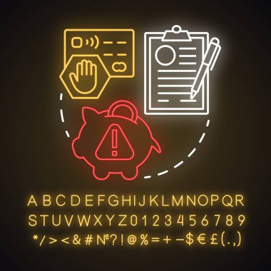 Bankacılık dolandırıcılığı neon ışığı konsepti ikonu. Kredi kartı ve online hesap dolandırıcılığı. Banka dolandırıcılığı. Nakit koruma anlaşması fikri. Alfabe, sayılar ve sembollerle parlayan işaret. Vektör izole illüstrasyonu
