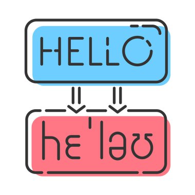 Dil çeviri servisi renk simgesi. Makine kopyası. Online sözlük. Kelime sesi temsilcisi. İmla kontrolü. İzole vektör illüstrasyonu