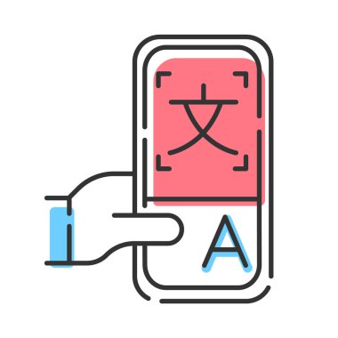 Çevrimiçi sözlük uygulama renk simgesi. Anında makine çevirisi. Tercüme servisi. Akıllı telefon çeviri uygulaması. Dil öğrenmek demek. E-öğrenme. İzole vektör illüstrasyonu