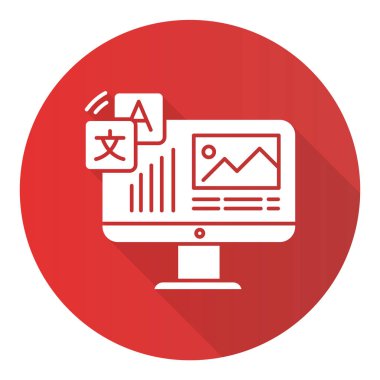 Web sitesi yerleşimi, Dtp hizmetleri düz tasarım uzun gölge simgesi simgesi. İnternet sitesi çevirisi. Metin düzenleme, imla düzeltmesi. Belge çevirmeni. Masaüstü yayıncılığı. Vektör silueti çizimi