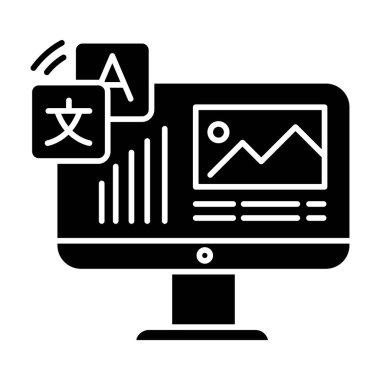 Web sitesi yerelleştirme, Dtp hizmetleri simgesi. İnternet sitesi çevirisi. Metin düzenleme. Belge sayfa çeviricisi. Masaüstü yayıncılığı. Siluet sembolü. Boşluk yok. Vektör izole illüstrasyonu