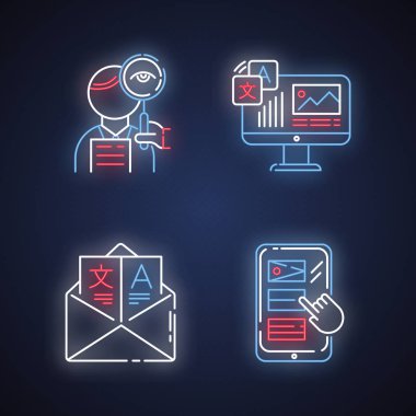 Çeviri neon ışık simgeleri ayarlandı. Düzeltme, web sitesi yerelleştirme. Online sözlük. E- posta çevirisi, Dtp hizmetleri. Alfabe, sayılar ve sembollerle parlayan işaret. Vektör izole illüstrasyonu
