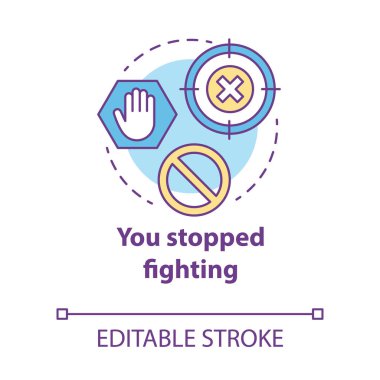 Kavram ikonuyla savaşmayı bıraktın. Aile içi şiddet yasağı. Tacize karşı yasak. Eş istismarı fikrinin ince çizgili illüstrasyonunu yasaklıyorum. Vektör izole çizim. Düzenlenebilir vuruş