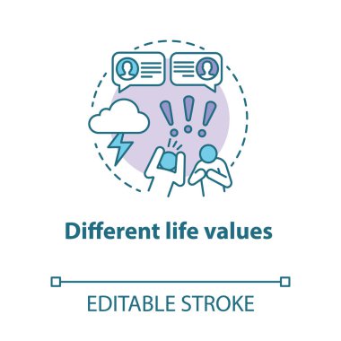 Farklı yaşam değerleri konsept simgesi. Aile kavgası. Anlaşmazlık. Pazarlık yapamamak. Ortakların karşılıklı suçlamaları ince çizgiler çiziyor. Vektör izole çizim. Düzenlenebilir vuruş