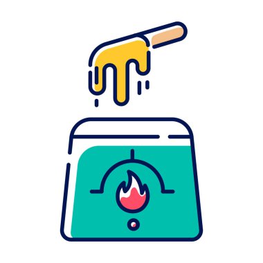 Sıcak ağda rengi simgesi. Kavanozda spatula ile doğal, yumuşak balmumu. Vücut kılı temizleme ekipmanı. Tüy dökümü için aletler. Profesyonel güzellik tedavisi kozmetik ürünleri. İzole vektör illüstrasyonu