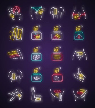 Cilalı neon ışık simgeleri ayarlandı. Kadın, erkek tüyü çıkarma prosedürü. Kavanozda soğuk, sıcak balmumu ve spatula. Depilasyon ekipmanları. Profesyonel kozmetik. Parlak işaretler. Vektör izole çizimleri
