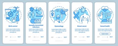 Mobil uygulama sayfa ekran şablonu üzerinde kadın sağlık hizmetleri. Doğum kontrolü, göğüs kanseri, cinsel sağlık. Doğrusal simgelerle birlikte gezinme web sitesi adımları. Ux, Ui, Gui turkuaz akıllı telefon arayüzü