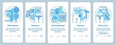 Mobil uygulama sayfa ekran şablonu üzerinde kadın sağlık hizmetleri. Hamilelik, yumurtalık kanseri, menopoz. Doğrusal simge Ux, Ui, Gui turkuaz akıllı telefon arayüzü kavramına sahip gezinme web sitesi adımları