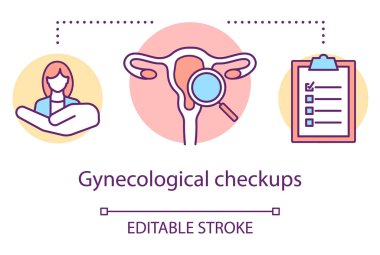 Jinekolojik kontrol konsepti ikonu. Tıbbi tarama fikri ince çizgi çizimi. Kadın üreme sistemi sınavı. Kadın sağlığı. Doktor ekipmanı. Vektör izole çizim. Düzenlenebilir vuruş