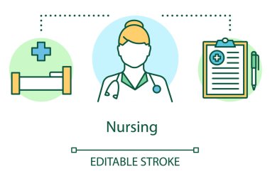 Hemşirelik konsepti ikonu. Bebek aşılama fikri ince çizgi çizimi. Hemşire, çocuk doktoru, hastane. Çocuk sağlığı, sağlık hizmetleri, doktor. Vektör izole çizim. Düzenlenebilir vuruş
