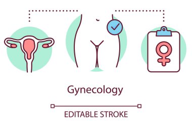 Jinekoloji konsepti ikonu. Jinekolog ince çizgiler çiziyor. Kadın sağlık hizmetleri, kadın üreme sistemi, doğurganlık. İnceleme, sınav. Vektör izole çizim. Düzenlenebilir vuruş