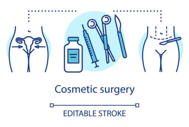 Estetik cerrahi konsept ikonu. Tıbbi ekipman fikri ince çizgi çizimi. Plastik cerrahi prosedürler. Estetik vücut. Sağlık hizmeti, güzellik. Vektör izole çizim. Düzenlenebilir vuruş
