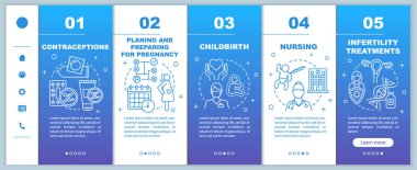Gebelik planlaması ve doğum öncesi bakım gezici web sayfaları vektör şablonunda. Doğrusal çizimlerle ilgili akıllı telefon web sitesi arayüzü fikri. Web sayfasında gezinme adım ekranı Renk kavramını gösterir