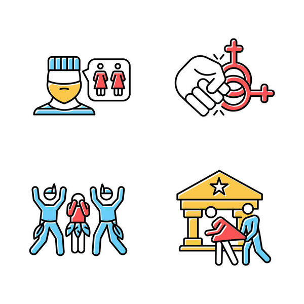 Corrective rape color icons set. Violence and sex assault against LGBTQ women. Homophobic rape of lesbians. Sexual harassment of females. Hate crime. Isolated vector illustrations