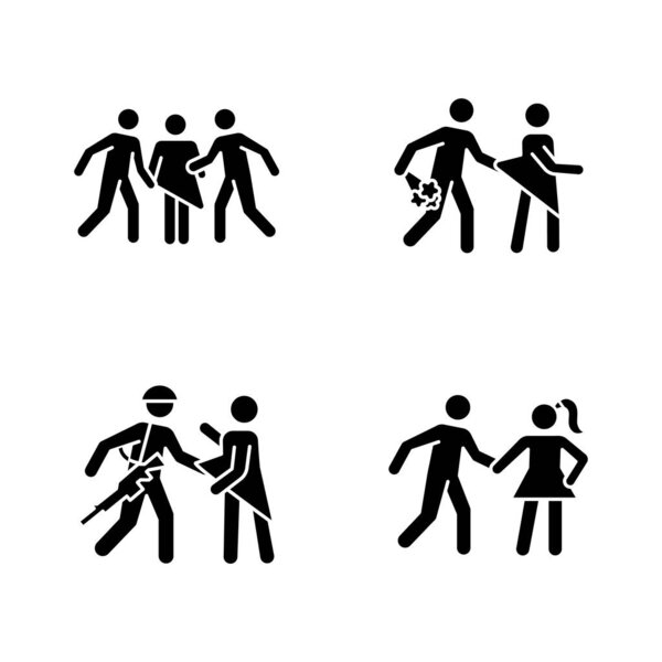 Набор икон разных типов изнасилований. Символы силуэта. Сексуальное домогательство к женщинам. Дата, закон, война и групповое изнасилование. Жертвы сексуального насилия. Векторная изолированная иллюстрация
