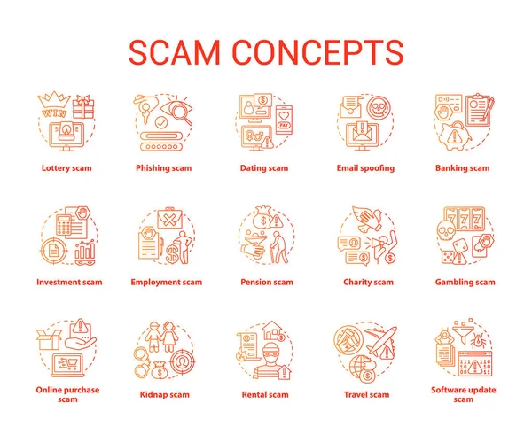 Scam Concept Pictogrammen Ingesteld Soorten Financiële Fraude Illegale Activiteiten Cybercriminaliteit — Stockvector