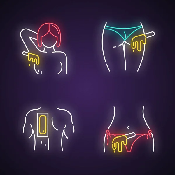 Heißes Wachs Neonlicht Ikonen Set Achselhöhlen Gesäß Rücken Bikini Haarentfernung — Stockvektor