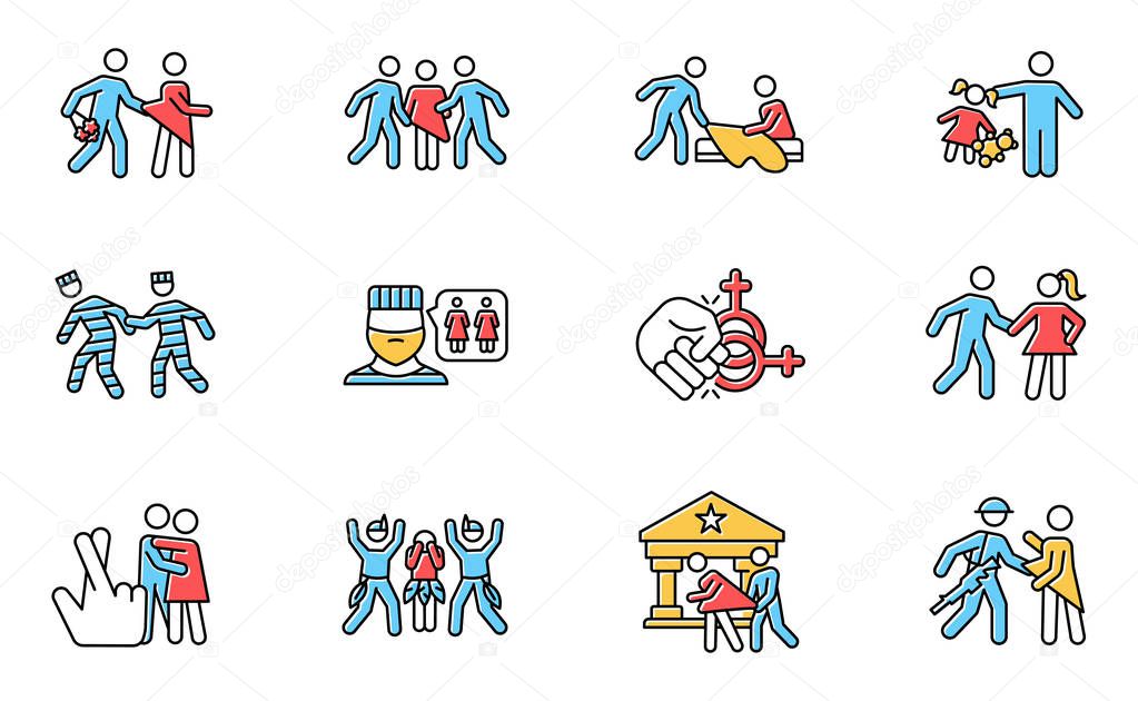 Different rape types color icons set. Date, statutory, children and spousal rape. Abuse of women in prison, jail. Sexual harassment and assault of females. Isolated vector illustrations