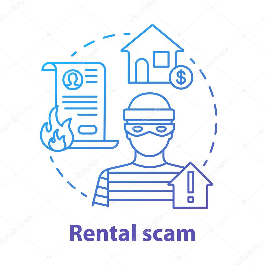 Rental scam concept icon. Housing fraud. Fake house for rent. Leasing swindle. Home buying, mortgage criminal scheme idea thin line illustration. Vector isolated outline drawing