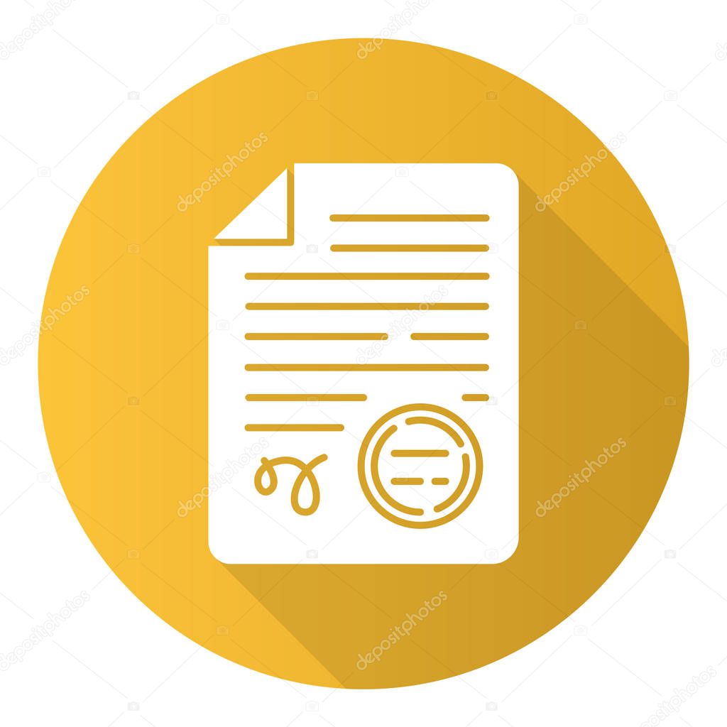 Apostilles and document legalization services flat design long shadow glyph icon. Professional translation. Legal validation. Notarized with stamp. Translator license. Vector silhouette illustration