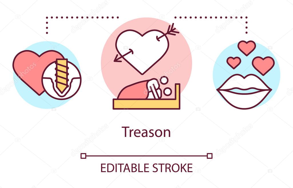 Treason concept icon. Relationship trouble, trust betrayal idea thin line illustration. Infidelity, dishonesty in marriage. Cheating couple in bed vector isolated outline drawing. Editable stroke