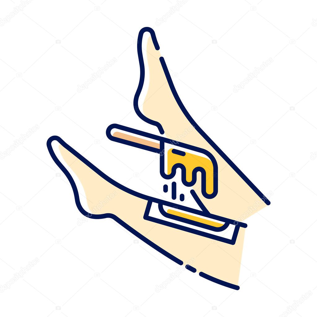 Shin hot waxing beige color icon. Leg hair removal procedure. Depilation with natural soft, cold wax strip. Professional beauty treatment. Clean and silky skin. Isolated vector illustration