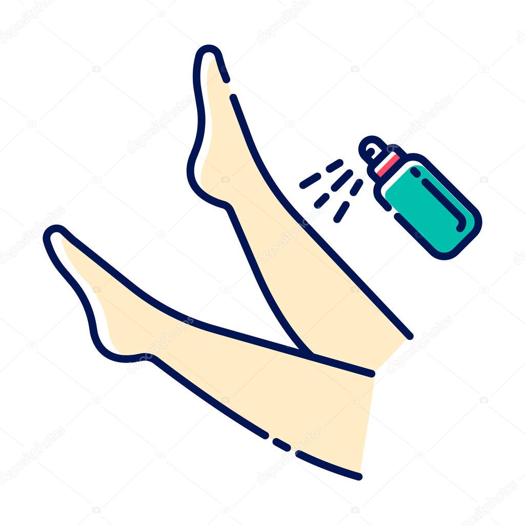 Leg spray beige color icon. Shin hair removal process step. Moisturizing, skin care after depilation. Professional beauty treatment. Healthy and silky skin. Isolated vector illustration